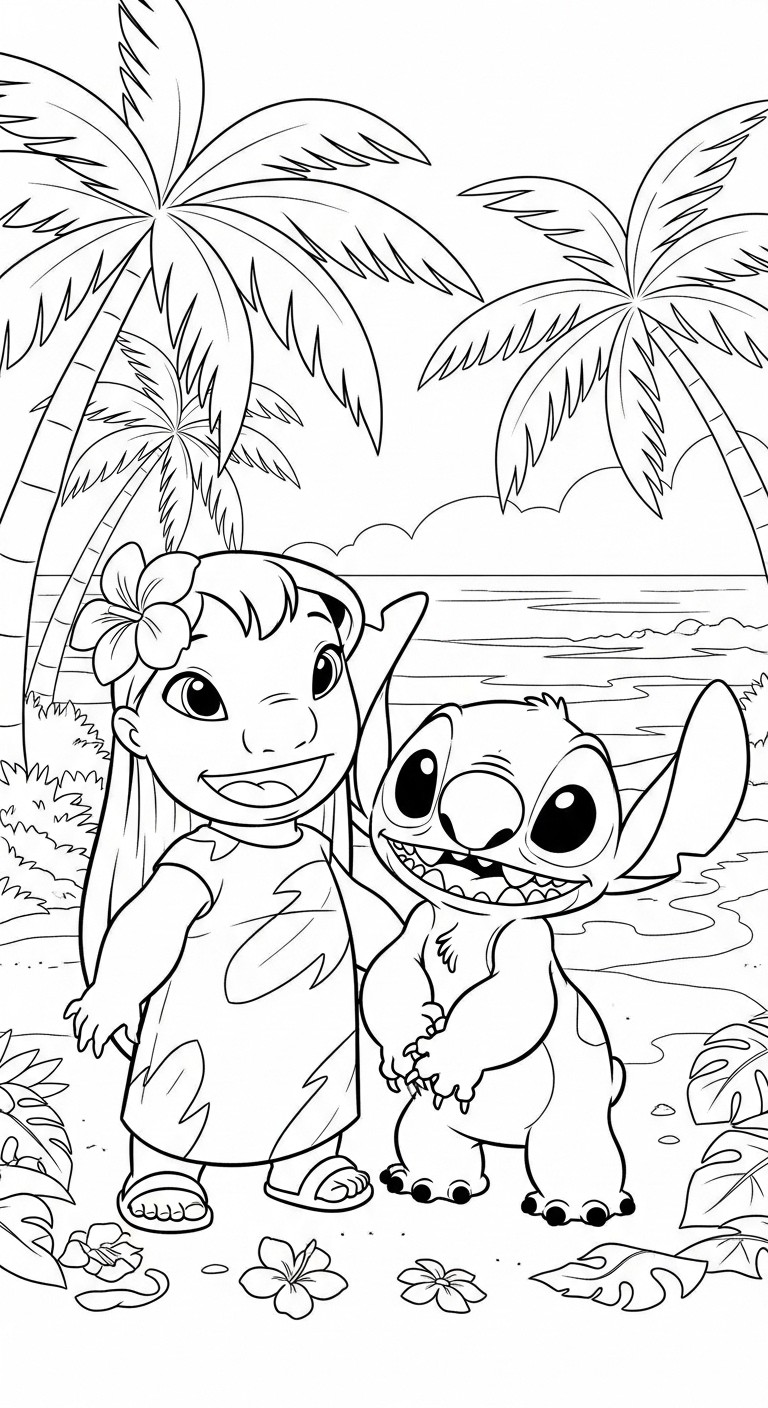 Desenho de Lilo e Stitch na praia com coqueiros para colorir