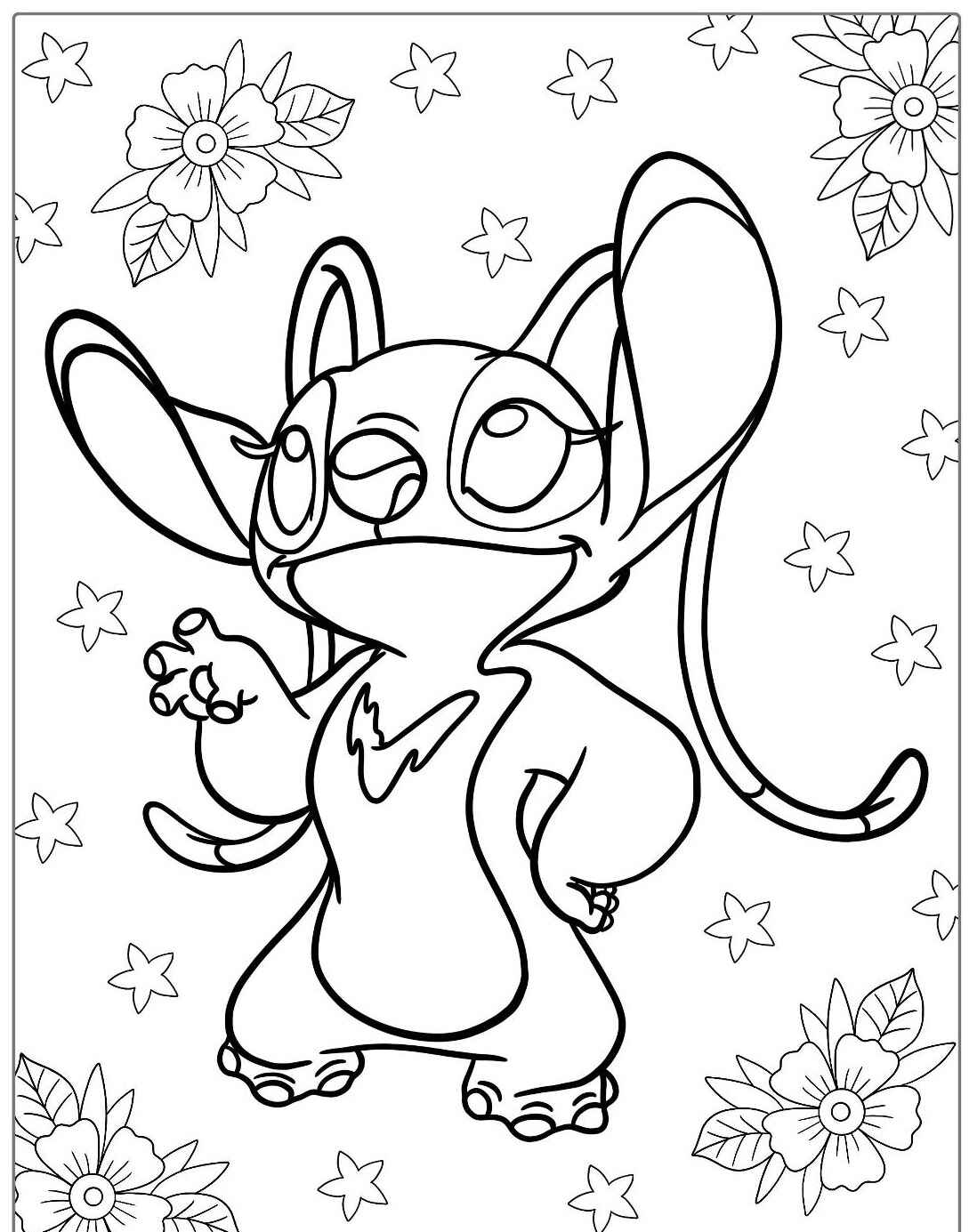 Desenho do Stitch sorrindo cercado de flores e estrelas para colorir