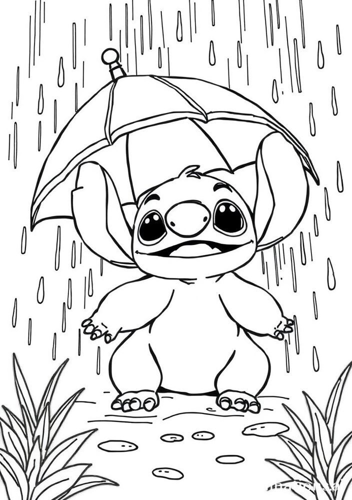 Stitch em um dia de chuva para colorir