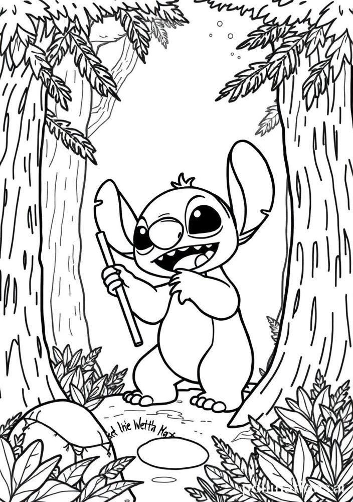 Stitch explorando uma floresta para colorir