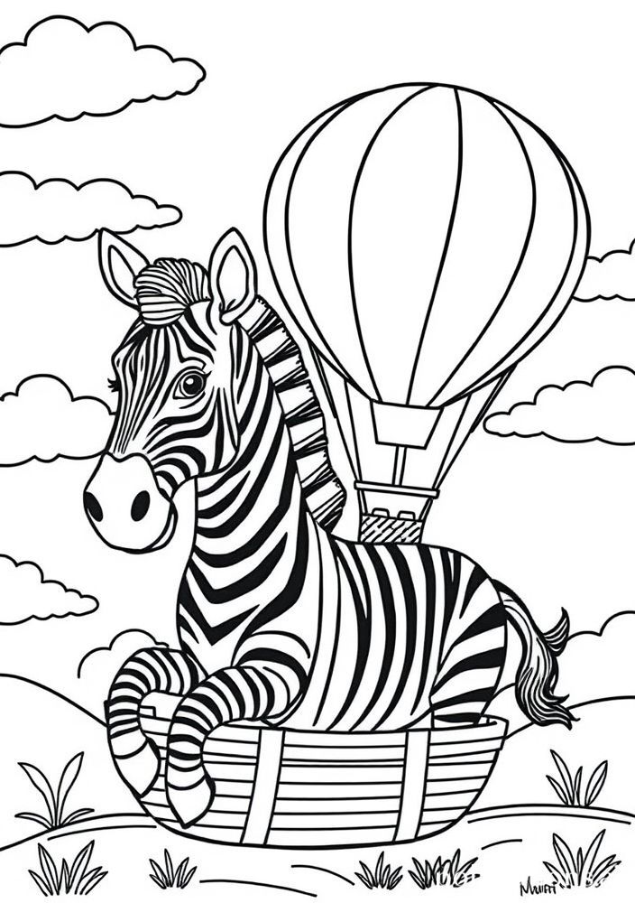 Zebra viajando de balão para colorir