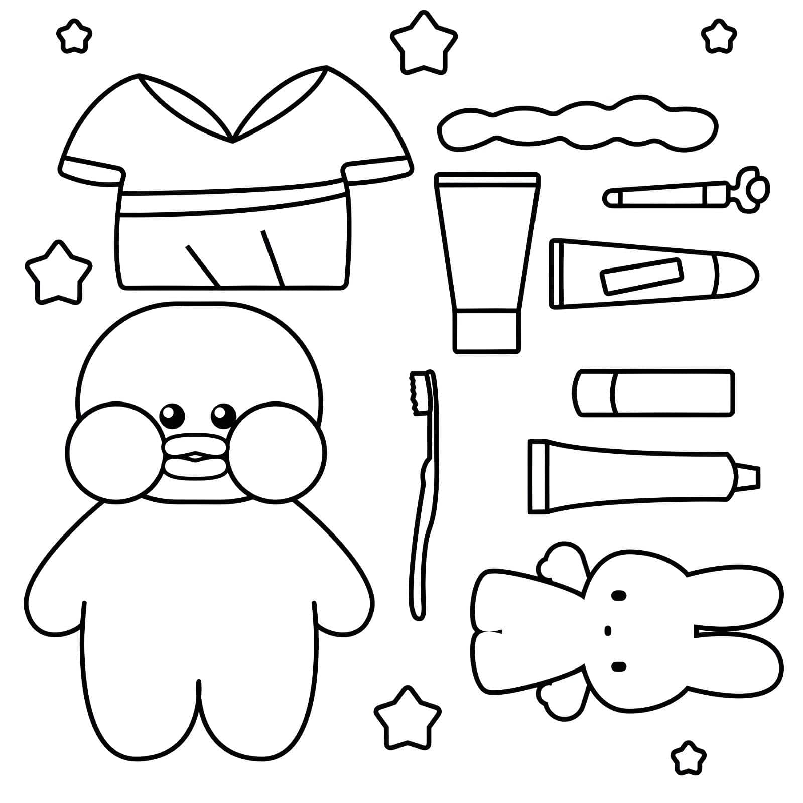 Paper Duck com roupa, escova, pasta de dente e estrela para imprimir