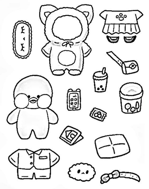 Paper Duck para colorir com roupas e acessórios para recortar e vestir