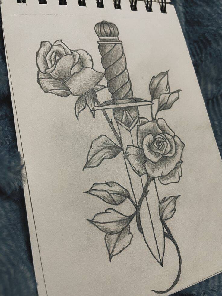 Desenho de uma adaga entre rosas para colorir