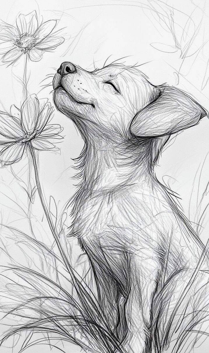 Cachorrinho sorridente rodeado por flores