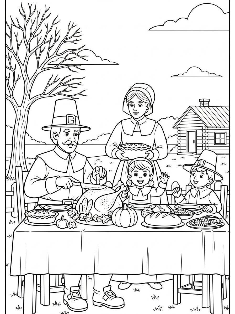 Desenho em preto e branco de uma família celebrando o Dia de Ação de Graças com um jantar