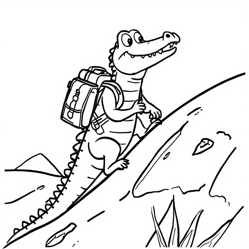 Desenho de um crocodilo fofo com mochila subindo uma montanha, ideal para colorir.