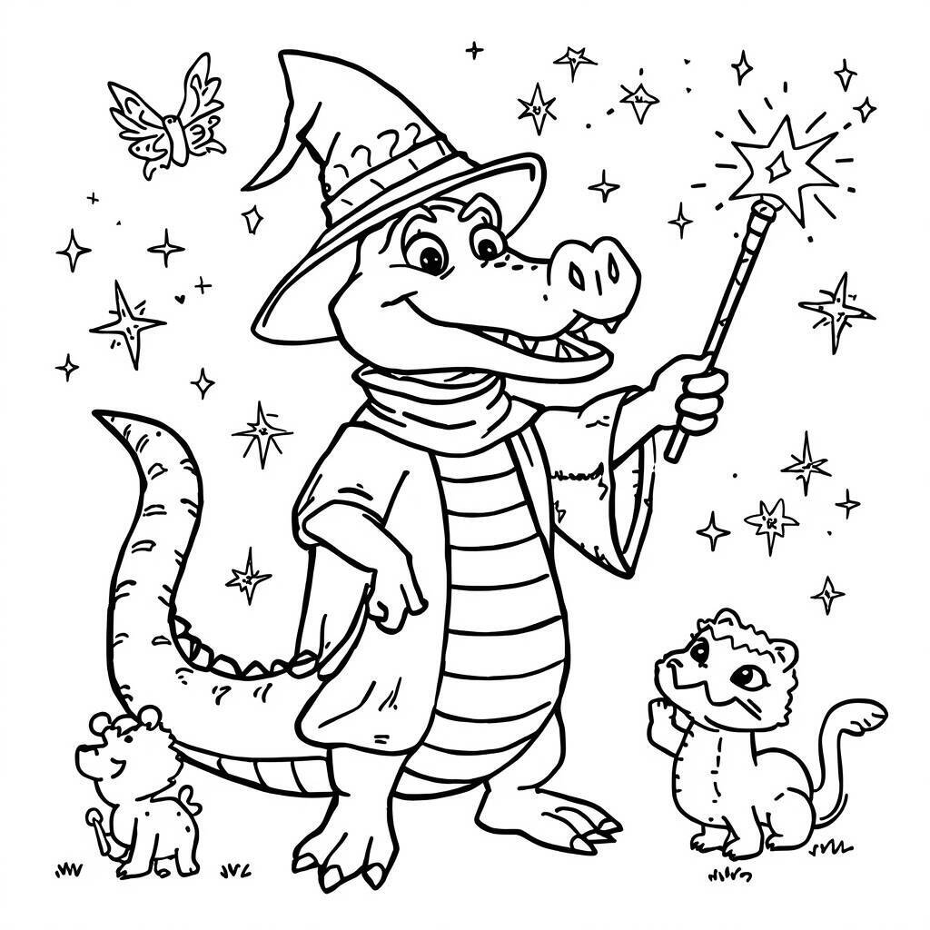 Desenho de um crocodilo mágico usando um chapéu de bruxo e segurando uma varinha, cercado por estrelas e outros animais.