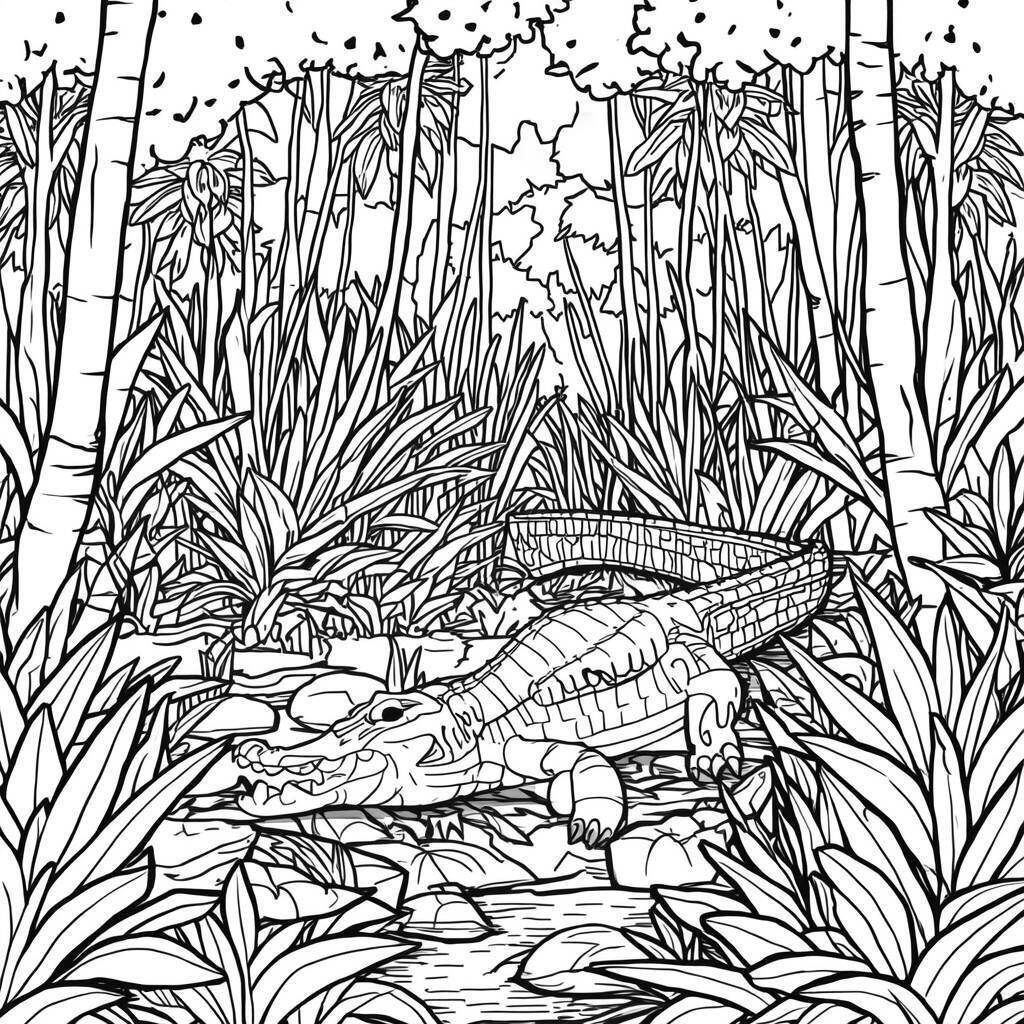 Desenho de um crocodilo em um ambiente natural, ideal para colorir.