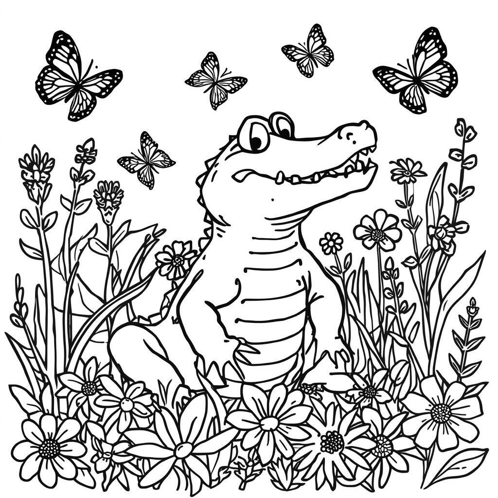 Desenho de um crocodilo fofo cercado por flores e borboletas para colorir