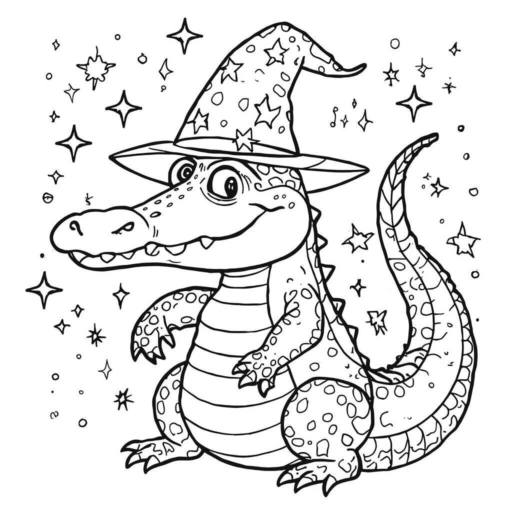 Desenho de um crocodilo fofo usando um chapéu de bruxo, cercado por estrelas.