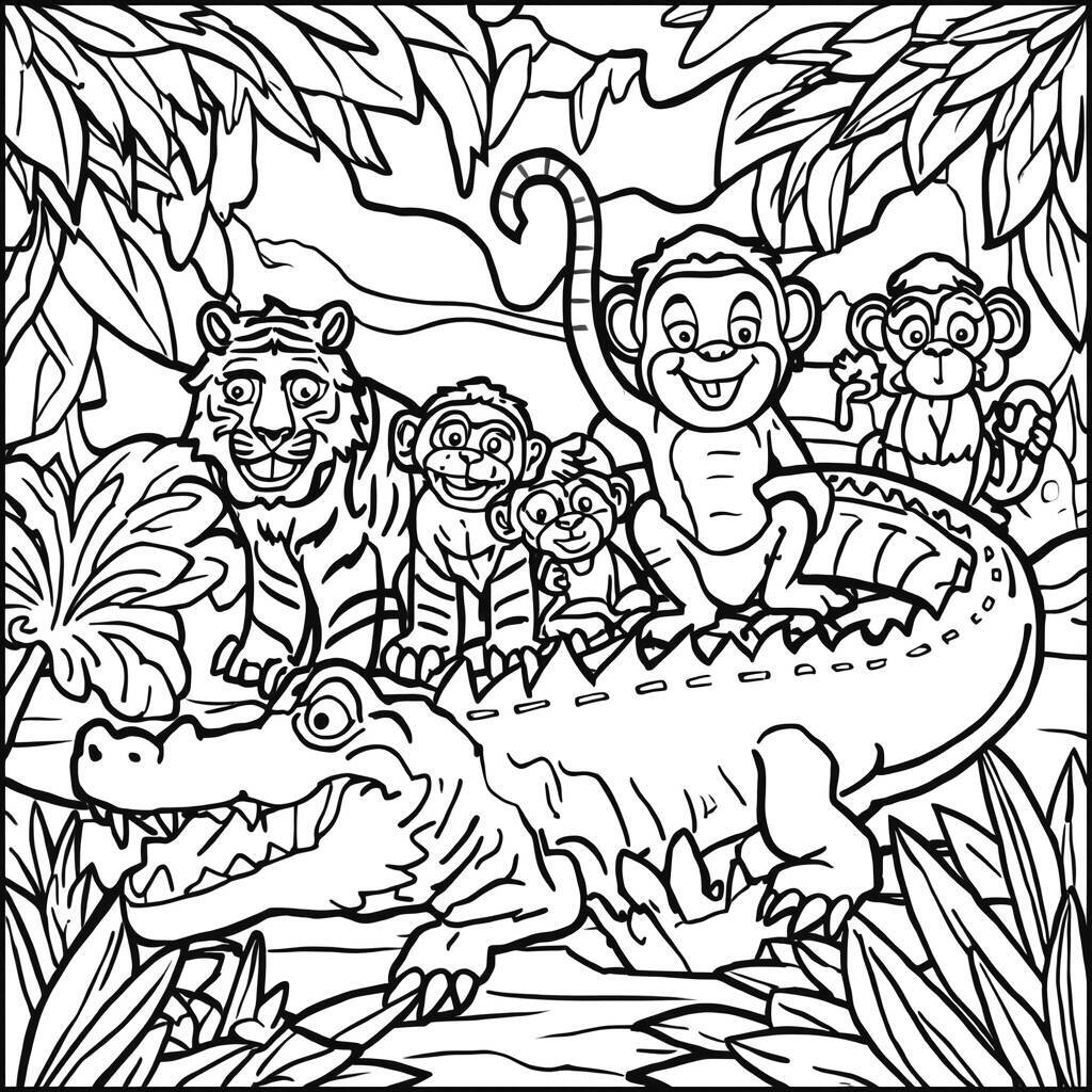 Desenho de crocodilo com boca aberta, nadando no rio, cercado por animais da selva.