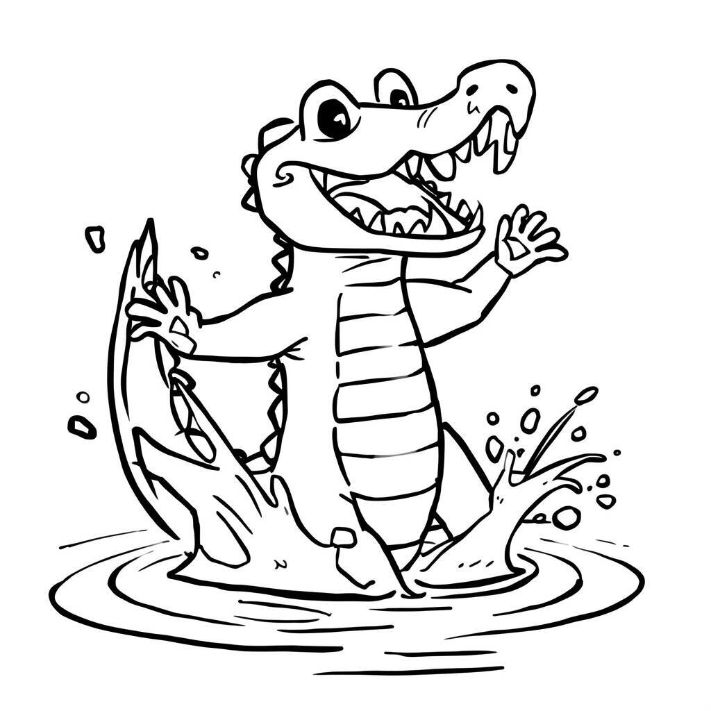 Desenho de um crocodilo fofo e sorridente brincando na água.