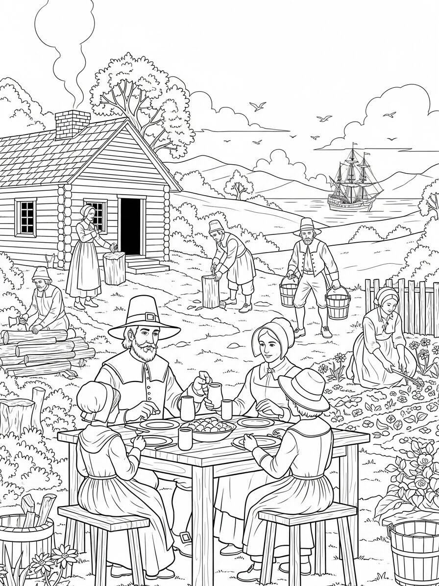 Desenho para colorir de peregrinos em uma refeição ao ar livre