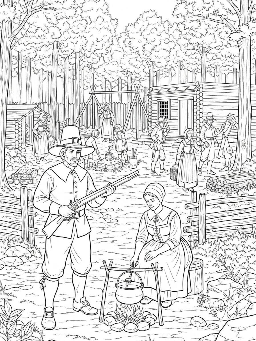 Desenho para colorir de um peregrino e uma mulher cozinhando em um cenário de floresta