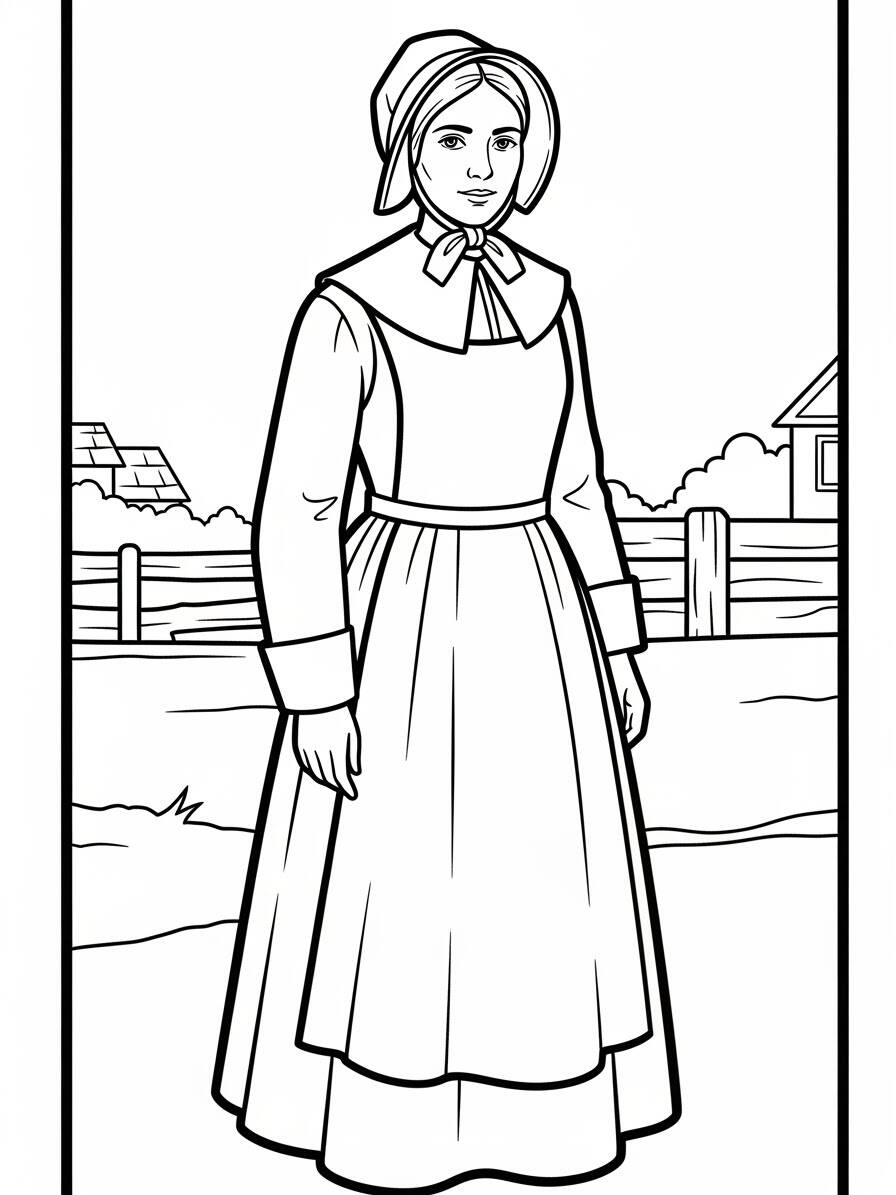 Desenho de uma peregrina em vestido tradicional para colorir