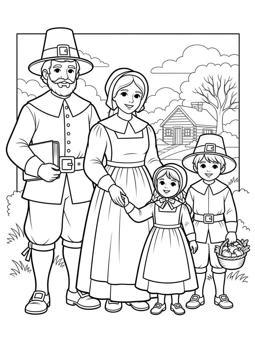 Desenho de uma família de peregrinos prontos para colorir